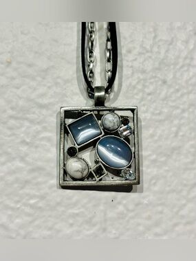 Vintage Double Strand Silver Tone and White Gemstone Square Pendant Necklace